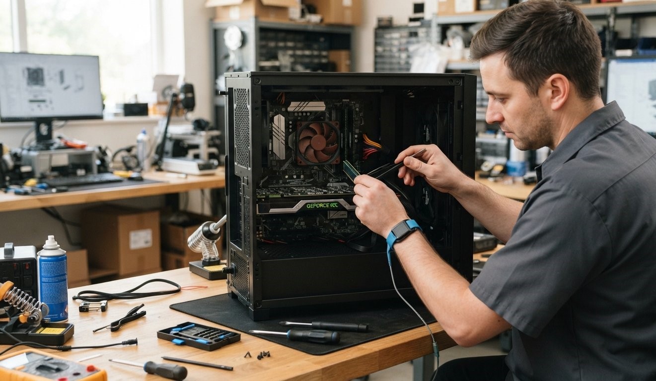 Total Service Solutions repairing a desktop PC on the workbench