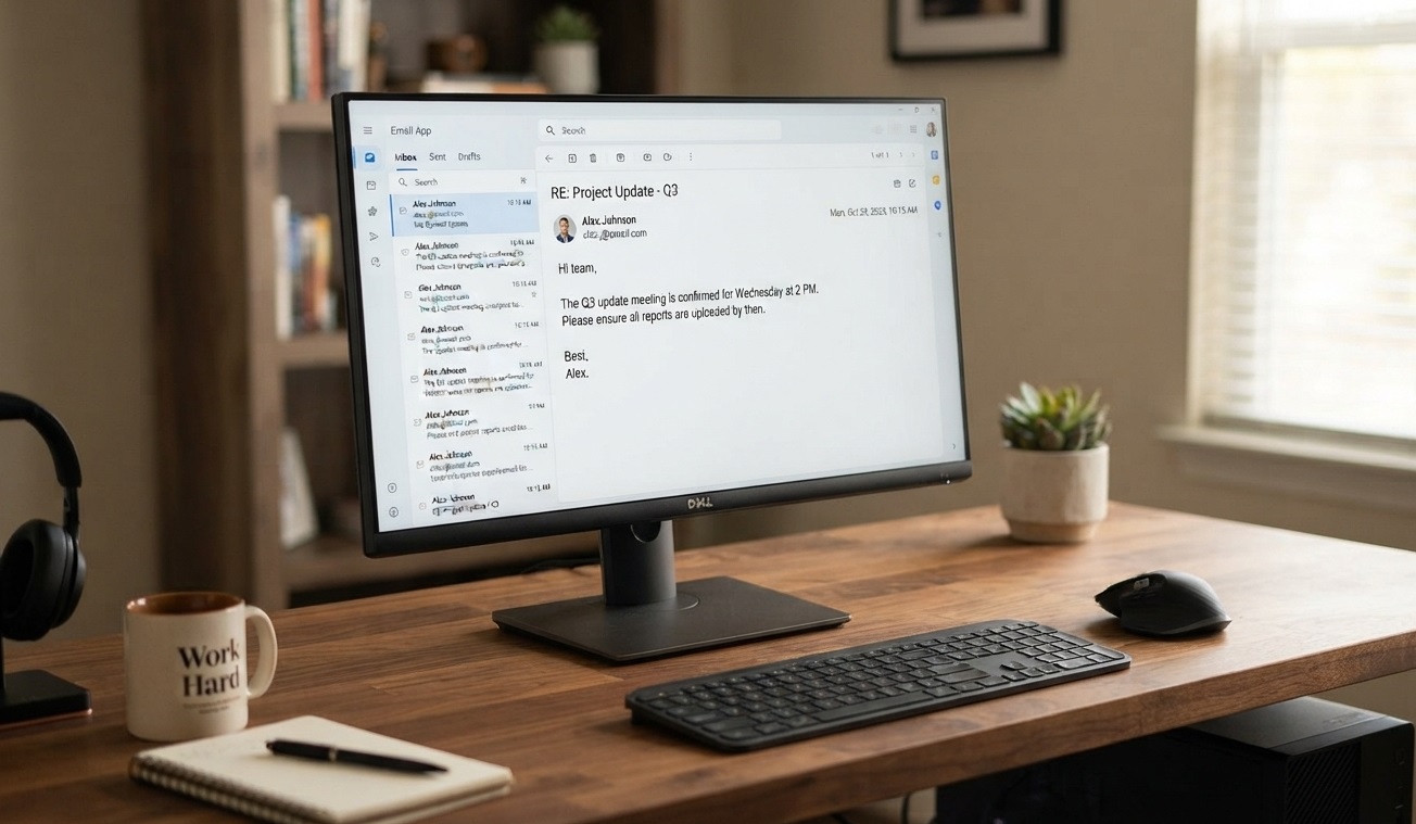 Email inbox open on a desktop monitor