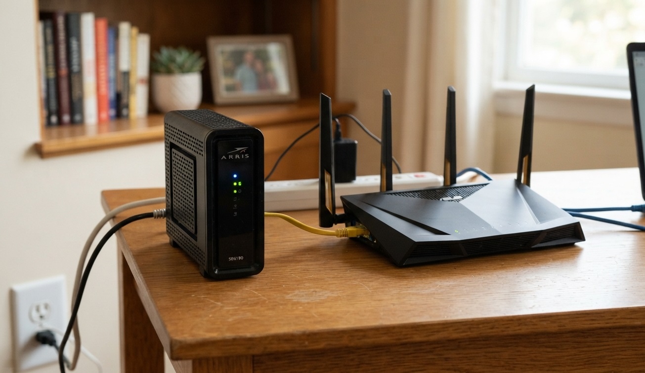 Modem and Wi-Fi router set up on a desk